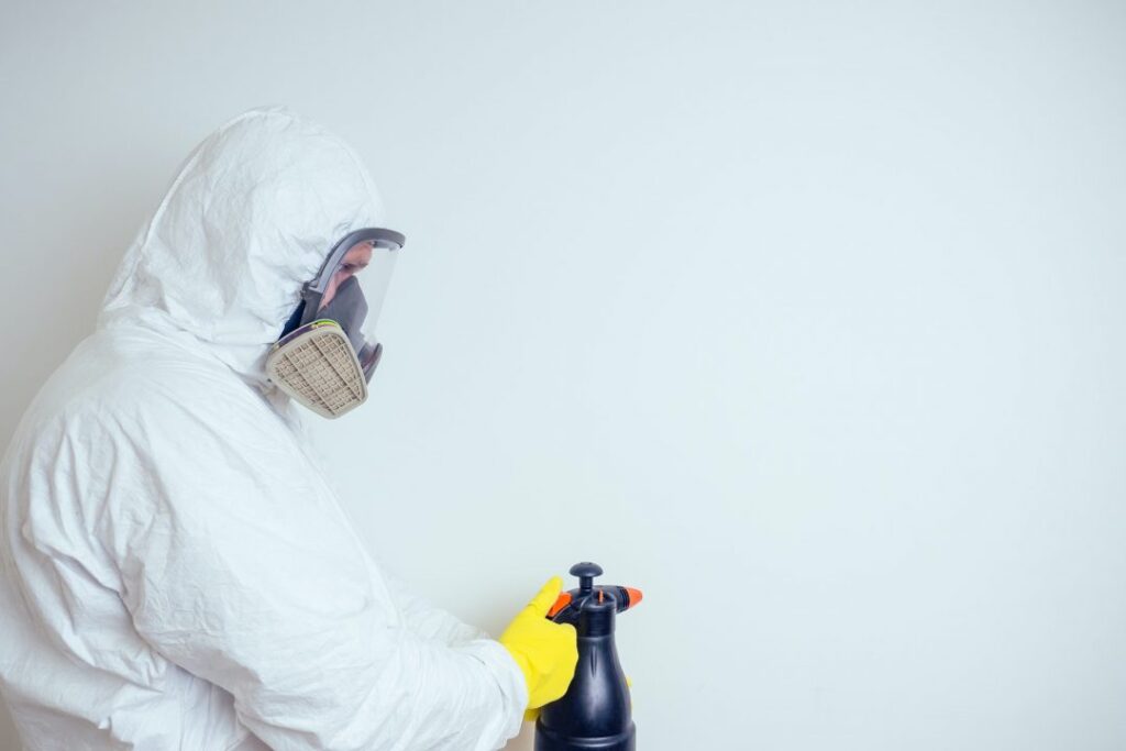 pest control worker spraying pesticides with sprayer in apartment copy spase white walls background 2
